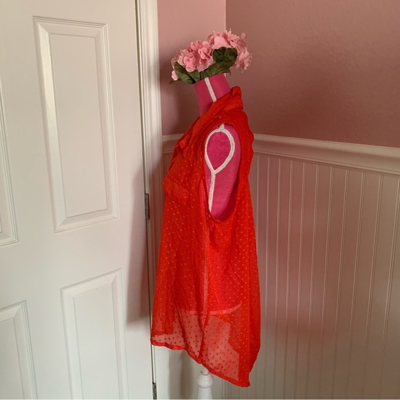 Orange/Red Sleeveless Pont d’Esprit Chiffon and Lace Button Down, size 2X - Picture 4 of 7